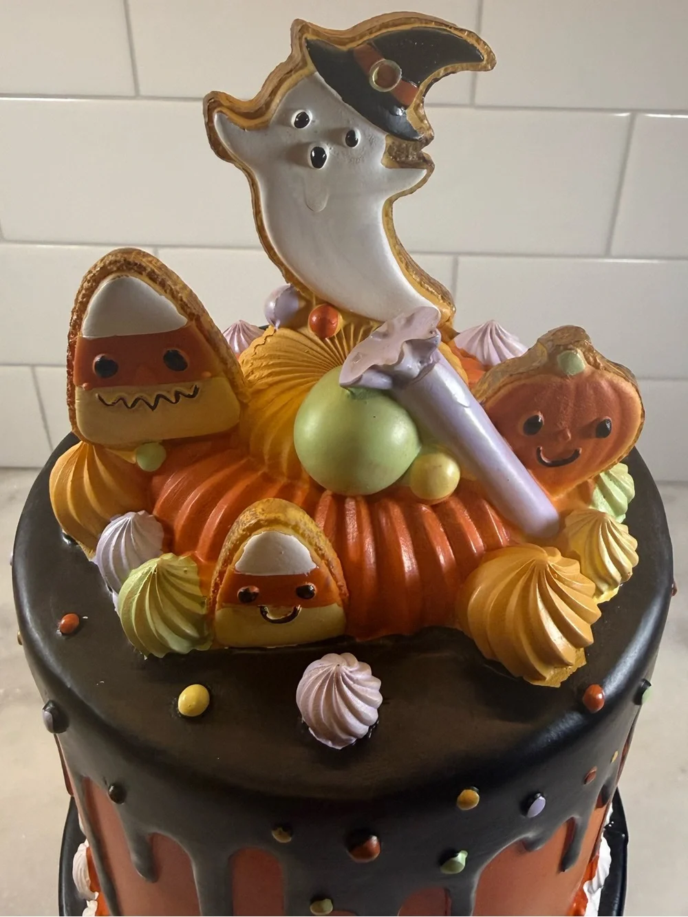 GHOULISH Orange Halloween Faux Cake W/ Monster Cookies & Candies Tabletop Decor